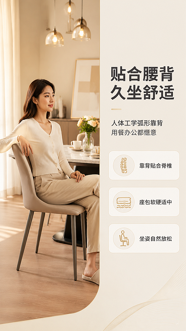 [商品] 使用【图1】DY-8802A卡其色餐椅；保留弧形靠背、皮革座包、碳素钢腿、卡其色和整体比例；亚洲女性轻坐于椅上，姿态自然，产品结构与颜色不变。
[画面] 页面目标：真人体验展示，体现坐感舒适与人体工学。右文左景构图，左侧约2/3为餐厅场景，亚洲年轻女性（25-30岁，简约穿搭）侧身轻坐餐椅上，一手轻搭靠背，姿态放松自然，展示靠背贴合腰部。产品+人物占画面约65%。右侧约1/3为文案区。背景为温馨餐厅，暖光吊灯+餐桌花艺。
[视觉] 套系策略：风格=亮色调轻奢家居商业摄影；标题字=现代无衬线粗体（思源黑体Heavy）；正文字=简洁无衬线体（思源黑体Regular）；主色=暖米白+卡其色；背景延展=基于暖米白做深浅层级、同色渐变和细腻哑光墙面/布艺质感；强调色=浅香槟金，仅用于小面积图标、引线、标签和装饰线条；标题色=深炭灰；正文色=中暖灰；组件=圆角浅底信息卡、细线引线、胶囊形卖点框；光影=左前侧暖柔光，午后自然光感，柔和阴影。
[文字] 右侧文案区：主标题「贴合腰背 久坐舒适」（8字），副标题「人体工学弧形靠背 用餐办公都惬意」（14字），下方3个体验卖点：「靠背贴合脊椎」「座包软硬适中」「坐姿自然放松」。配简约线条图标，文字横排。
[规格] 淘宝/天猫详情页，单屏比例9:16竖版，分辨率4K，负向提示：避免变形、错字、文字过小、冷蓝/蓝灰背景、产品颜色改变、结构失真、极限词、平台Logo、水印、欧美面孔。