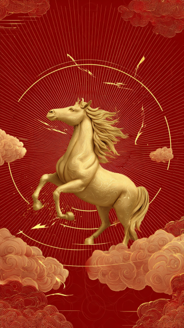 国潮电商海报，仰视构图，红色渐变背景从深红到朱砂红，中心位置一匹3D鎏金骏马昂首奔腾踏破云层，马身缠绕金色闪电特效，马尾扬起金色粒子。顶部边缘点缀传统祥云纹与LED灯串效果。光线从马身后方放射状照射，预览效果
