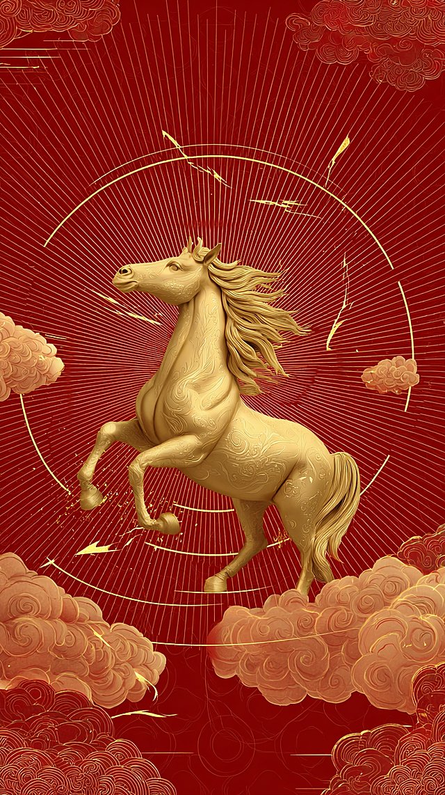 鎏金骏马腾云而起，融合国潮风与3D重拟物手法，浮雕纹理彰显古典奢华，红金配色尽显喜庆中式韵味。