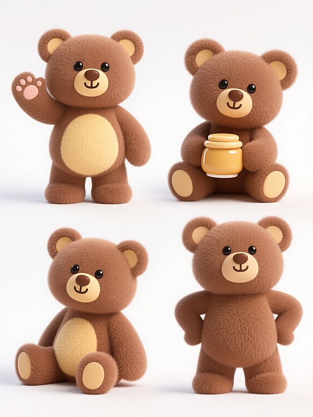 一组四个完全不同造型的3D立体风格小熊玩偶系列素材集合，每个小熊均保持原图的棕色主体毛发、米黄色胸前区域和耳朵内侧的配色方案，以及圆润的头部、短小四肢和可爱的面部特征（黑色圆眼睛、棕色小鼻子、微笑嘴型），精细的毛绒质感和柔和的光影效果。第一个小熊站立并举起一只爪子打招呼，第二个小熊坐着并抱着一个蜂蜜罐，第三个小熊趴在地上抬头望，第四个小熊双手叉腰站立。所有小熊规整地排布在纯白色纯色背景上，形成对称且平衡的视觉布局，整体风格统一，充满可爱温馨的氛围。