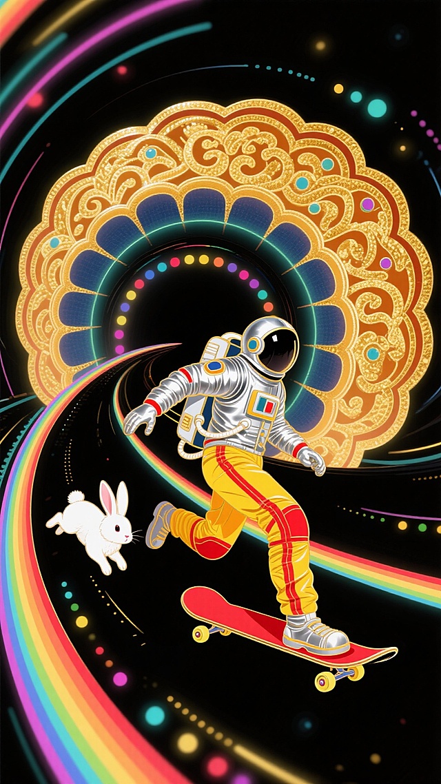 宇航员携白兔，七彩月饼隧道酷炫滑行🚀