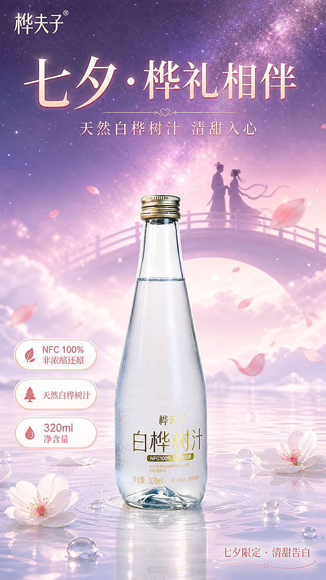 七夕节节日海报，画面中央偏下位置为桦夫子白桦树汁玻璃瓶产品，100% 还原上传商品图的产品外形、包装、LOGO、印刷文字、净含量，以上传图为唯一商品主体来源，完整保留原图中的瓶型、轮廓、结构、比例、金色瓶盖、标签版式、品牌 logo、白桦树汁文字、容量信息、材质质感、颜色与正面朝向，包装、配色、产品结构、瓶身造型与标签布局均与上传图保持一致；正面朝向以品牌与标签主要信息清晰可读为准，商品主体占比 55%～65%，文字不遮挡主体。

背景为浪漫七夕氛围：粉紫色渐变夜空，点缀柔和星光与银河光带，上方有淡淡的鹊桥剪影与漂浮的粉色花瓣，整体清透梦幻。产品放置在浅白色水面台面上，水面有轻微倒影，周围散落少量透明水珠与白色花瓣，营造清甜浪漫质感。侧前方柔光，顶部自然光，柔和浅淡阴影，整体色调粉金+清透白，高级浪漫。

画面上半部分为标题区，主标题大字居中："七夕·桦礼相伴"，副标题在主标题下方："天然白桦树汁 清甜入心"，字体为优雅宋体/衬线体，粉金色渐变，精致细腻。

画面中下部产品两侧或下方分布 3 个卖点标签（圆角小标签，粉金描边，白色底）："NFC 100% 非浓缩还原"、"天然白桦树汁"、"320ml 净含量"。

左上角有品牌名"桦夫子"，右下角有装饰小字"七夕限定 · 清甜告白"。

版式精美，层级分明，四周留足安全边距，文字清晰可读，所有信息区域填充完整合理内容，无空白占位。画面中所有数字必须精确渲染，不得错位、遗漏或编造。写实商业摄影风格，超高清画质，材质通透，玻璃质感真实。竖版 9:16 海报。