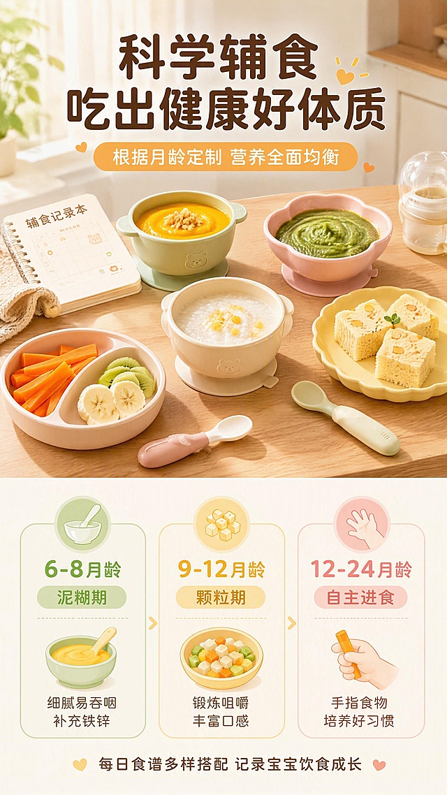 [第4张] 科学辅食定制详情页-分月龄辅食搭配与营养指导。
[氛围/风格] 清新食欲感、专业营养风、温馨母婴色调、商业美食摄影质感。
[元素布局] 画面上半部分：温馨的宝宝辅食餐桌场景，木质小餐桌上摆放着多份色彩丰富的宝宝辅食，包括南瓜米糊、蔬菜泥、小米粥、水果蒸糕、手指胡萝卜条等，餐具为可爱的硅胶吸盘碗和小勺子，旁边放着一本辅食记录本；背景是浅米色厨房台面，柔和的自然光从侧面照入。画面下半部分：分月龄辅食阶段说明，三个横向排列的圆角卡片。
[光影质感] 上方柔和侧光打在辅食上，突出食物质感和色泽，阴影自然柔和；下方信息区均匀明亮。
[配色色系] 全局底色 #FFF8F0（暖米白）；主色暖橙色 #FFA94D；辅助色浅绿、淡黄、淡粉；文字深棕色。
[视角构图] 上半部分45度俯视美食摄影视角，下半部分信息卡片垂直排列，整体上下结构。
[文字版式] 顶部主标题「科学辅食 吃出健康好体质」，副标题「根据月龄定制 营养全面均衡」；下方三个阶段卡片：第一阶段「6-8月龄 泥糊期」配碗勺图标，说明「细腻易吞咽 补充铁锌」；第二阶段「9-12月龄 颗粒期」配小颗粒食物图标，说明「锻炼咀嚼 丰富口感」；第三阶段「12-24月龄 自主进食」配小手抓握图标，说明「手指食物 培养好习惯」；底部加一行「每日食谱多样搭配 记录宝宝饮食成长」。
[比例分辨率] 9:16 竖版比例，4K分辨率，文字清晰可辨，高清画质。
[负向提示词] 食物变形，颜色失真，文字错乱，水印，餐具不真实，背景杂乱。