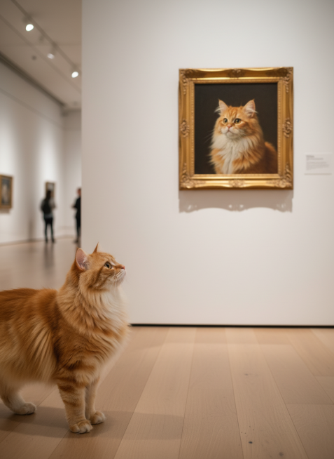参考图小猫站在画面左侧看着画展展示的画，右侧墙上的挂画内容为小猫本体油画，画框要放高一点，小猫面对画框抬头看，露出一点侧脸，整体背景设定在一个高档画展区。预览效果