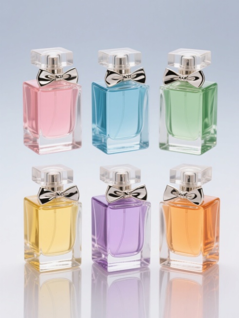 六个不同配色的透明玻璃香水瓶系列素材集合，每个瓶身呈方形轮廓、带有弧形侧边和银色金属蝴蝶结装饰，瓶盖为方形透明设计，瓶内分别装有粉色、蓝色、绿色、黄色、紫色和橙色的液体，所有香水瓶规整排列在纯色背景上，保持高光泽质感和清晰倒影，整体呈现出高端化妆品广告的视觉风格，强调色彩的多样性和产品的统一性预览效果