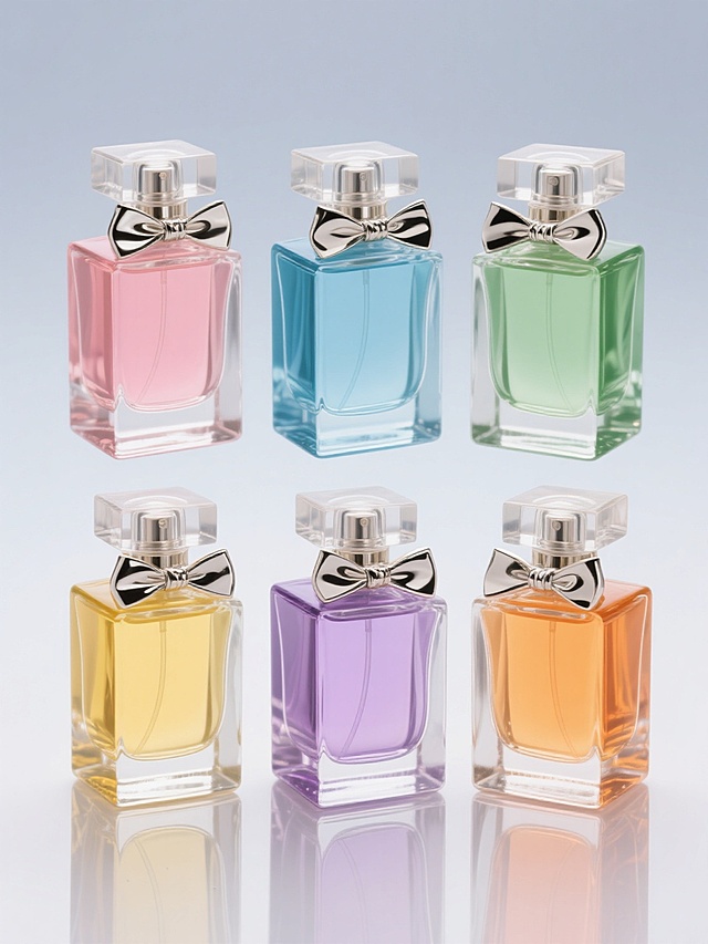 六个不同配色的透明玻璃香水瓶系列素材集合，每个瓶身呈方形轮廓、带有弧形侧边和银色金属蝴蝶结装饰，瓶盖为方形透明设计，瓶内分别装有粉色、蓝色、绿色、黄色、紫色和橙色的液体，所有香水瓶规整排列在纯色背景上，保持高光泽质感和清晰倒影，整体呈现出高端化妆品广告的视觉风格，强调色彩的多样性和产品的统一性