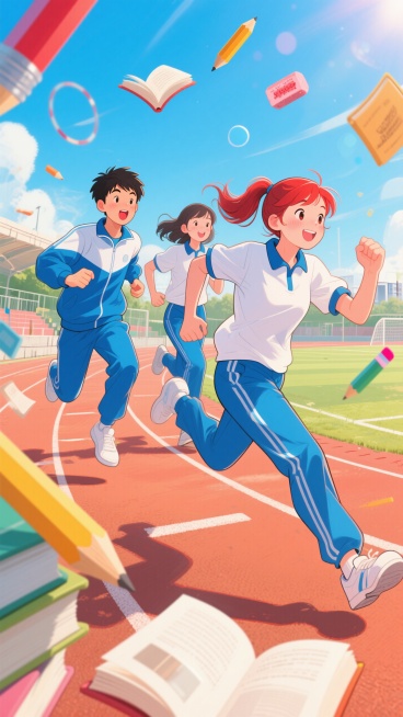 三个高中生少年有男有女在学校操场跑道上，冲刺动作，周围漂浮着书本和文具预览效果