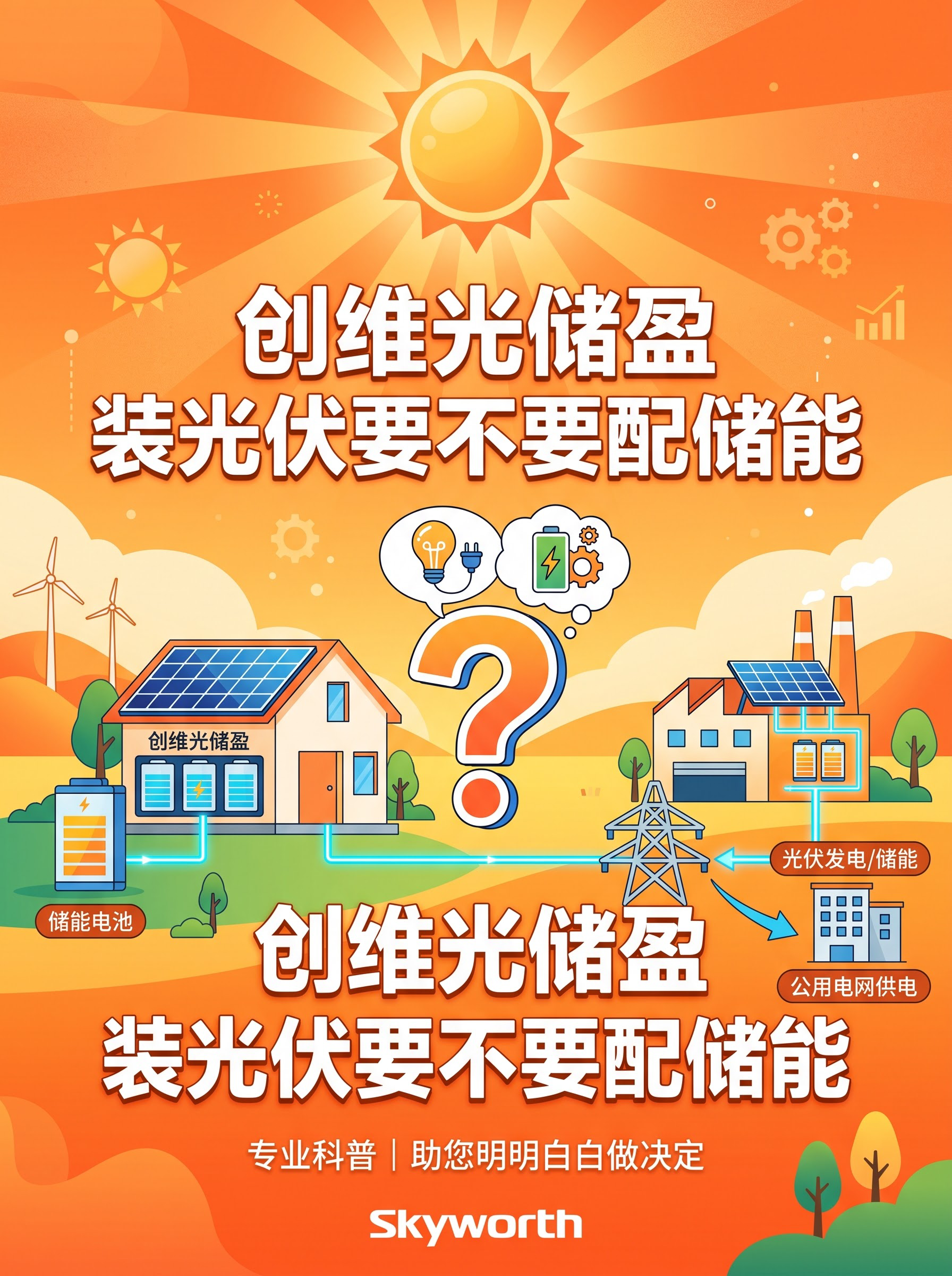 扁平插画风光伏储能科普封面，3:4竖版，暖橙色系。画面中央粗体… - 图片创意预览
