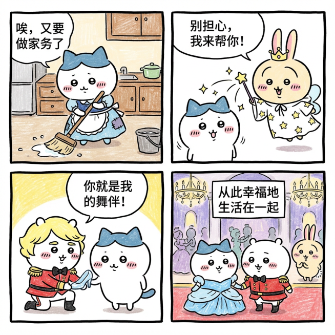 chiikawa风格漫画，四格布局，每格有文字对话气泡。第一格：小八扮演灰姑娘，标准照：穿着蓝色破旧连衣裙，无帽子，无胡子，围裙上有补丁，正在厨房扫地，对话气泡“唉，又要做家务了”；第二格：乌萨奇扮演预览效果