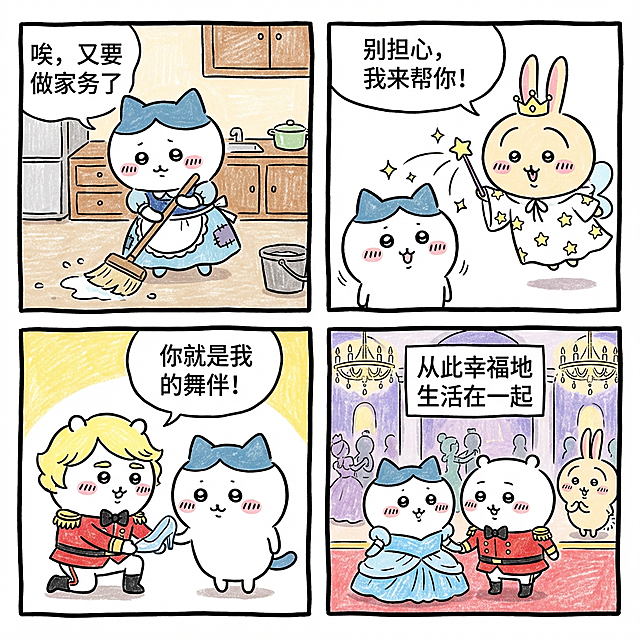 chiikawa风格漫画，四格布局，每格有文字对话气泡。第一格：小八扮演灰姑娘，标准照：穿着蓝色破旧连衣裙，无帽子，无胡子，围裙上有补丁，正在厨房扫地，对话气泡“唉，又要做家务了”；第二格：乌萨奇扮演仙女教母，标准照：白色带星星的魔法袍，手持魔法棒，头戴小皇冠，无胡子，对小八挥手施法，对话气泡“别担心，我来帮你！”；第三格：吉伊扮演王子，标准照：金色短发，红色王子礼服，黑色领结，无胡子，单膝跪地为小八穿鞋，对话气泡“你就是我的舞伴！”；第四格：三人同框，小八穿蓝色华丽礼服，乌萨奇在旁微笑，吉伊牵小八的手，背景是城堡舞会，对话气泡“从此幸福地生活在一起”