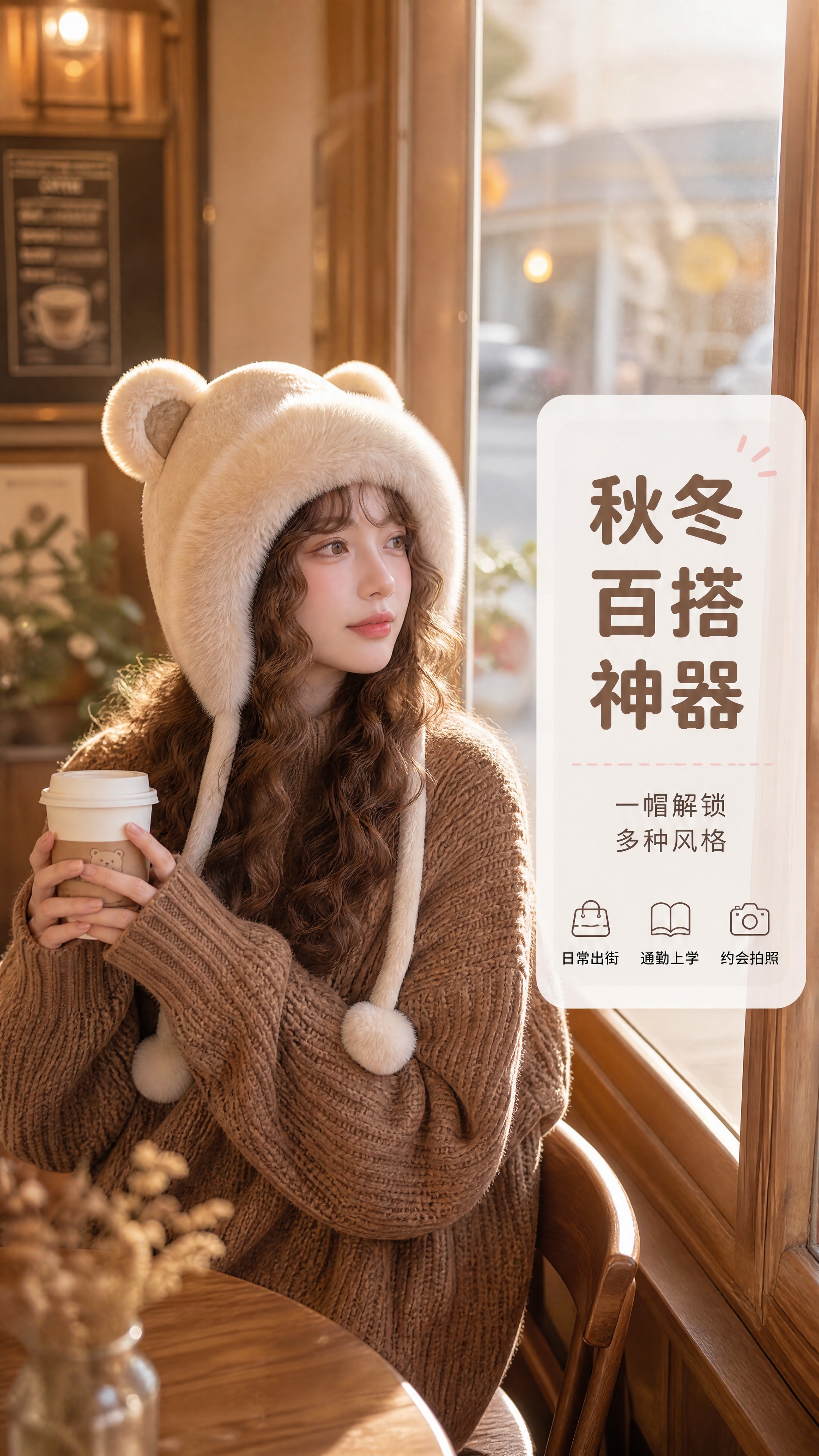 [商品] 使用【图5】卡其色小熊护耳帽模特佩戴图；保留小熊耳朵… - 图片创意预览