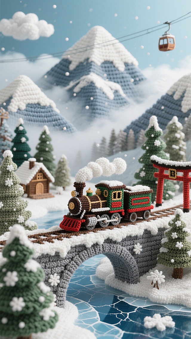 超精细手工钩针编织风格的世界冬季旅游景点全景，以深棕、红绿彩纹相间的复古蒸汽火车为视觉中心，行驶在覆盖着蓬松白色钩针"积雪"的灰色石拱桥上，桥下是蓝白交错、带有裂纹纹理的钩针"结冰湖面"。火车周围环绕着不同形态的钩针常青树，顶部点缀白色"积雪"，背景是层叠的钩针编织雪山，山顶覆盖厚实"白雪"，山间飘荡着云朵状钩针"雾气"。场景中巧妙融入世界各地标志性冬季景观元素：左侧远处可见钩针编织的北欧风格尖顶小木屋，右侧隐约呈现日式鸟居轮廓，近处增添象征阿尔卑斯山的钩针缆车细节，整体画面通过毛线的质感和立体感营造出温暖、梦幻的冬日氛围，所有元素保持一致的手工编织纹理和饱满的色彩过渡，雪花以细小的白色钩针颗粒点缀其间，形成层次分明、充满童趣的冬季旅游胜地全景图。