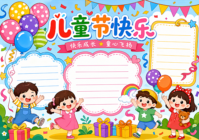 儿童节手抄报，A4横版设计，整体风格活泼童趣，包含气球、彩带、卡通儿童图案元素，留出文字书写区域，色彩鲜艳明快