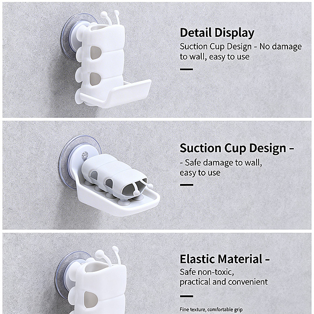 Strictly follow the three-section layout of the fourth reference image, for the white caterpillar suction cup shower holder. Change all text to English: Main title "Detail Display", first section: "Suction Cup Design - No damage to wall, easy to use", second section: "Elastic Material - Safe non-toxic, practical and convenient", third section: "Comfortable Grip - Fine texture, comfortable grip". Keep the product white as original, keep the layout, 800x800 size.