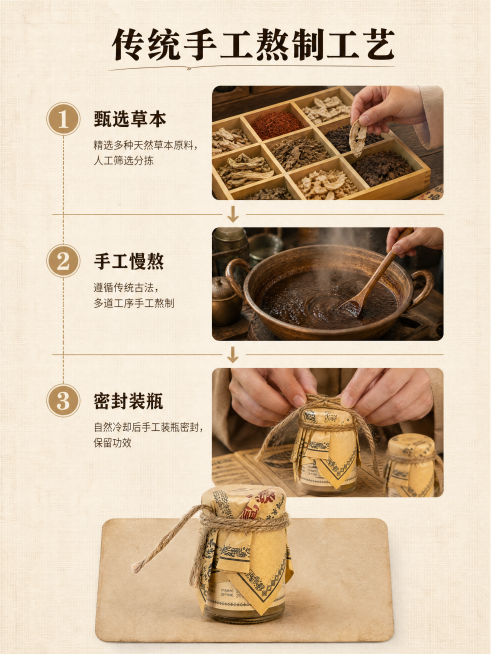 [第4屏] 手工配制工艺展示，展示土方断续膏手工制作过程特点。
[氛围/风格] 真实传统匠人风，暖调自然光，质朴手工氛围，写实摄影质感。
[元素布局] 本屏使用【图1】作为成品参考，竖向三步骤流程版式预览效果