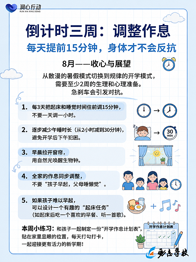 参考原图排版，生成蓝色系家庭教育分享海报，主标题是"倒计时三周：调整作息"，副标题是"每天提前15分钟，身体才不会反抗"，正文包含以下内容：8月——收心与展望；从散漫的暑假模式切换到规律的开学模式，需要至少2周的生理和心理准备。急刹车会引发对抗。
1. 每3天把起床和睡觉时间往前调15分钟，不要一天调一小时。
2. 逐步减少午睡时长（从2小时减到30分钟），避免开学后下午犯困。
3. 早晨拉开窗帘，用自然光唤醒生物钟。
4. 全家的作息同步调整，不要“孩子早起，父母睡懒觉”。
5. 如果孩子难以早起，可以设计一个有趣的“起床任务”（如起床后吃一个喜欢的早餐、听一首歌）。
整体风格清新简约，蓝色系配色，保留网格背景和圆角排版，和原图结构一致