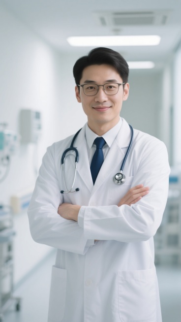 一位亚洲男性医生，身着洁白挺括的医生白大褂，内搭白色衬衫并系着深蓝色领带，胸前挂着银色听诊器，双臂交叉于胸前，站姿挺拔自信，戴着一副细框眼镜，眼神沉稳专注，面带温和从容的微笑。背景设定为医院环境，可包含柔和灯光下的白色墙面、模糊的医疗设备轮廓或带有简约线条的医院走廊元素，整体画面采用高清写实风格，光线明亮柔和，色彩以白色和浅色调为主，营造出专业、可靠且略带温馨的医疗氛围，构图采用经典人像布局，……预览效果