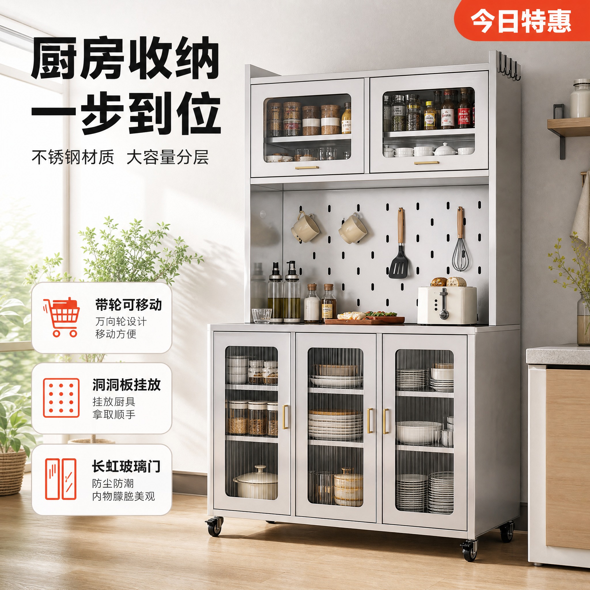 [主图-1] 不锈钢厨房餐边收纳柜 整洁厨房场景英雄图 突出大… - 图片创意预览