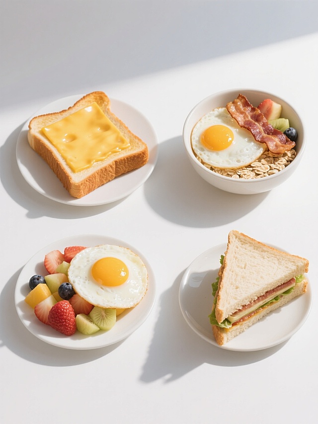 高分辨率美食摄影，4个不同样式、不同种类、不同搭配的早餐，包括芝士吐司、煎蛋培根、水果燕麦碗和三明治，均采用明亮自然光从斜上方照射，呈现出金黄酥脆的吐司边缘、流心芝士的细腻光泽、煎蛋的嫩滑质感、水果的鲜艳色彩和三明治的层次感，物体表面有清晰的高光和柔和阴影，白色背景纯净无瑕，所有早餐整齐排列成两行两列，构图平衡对称，画面干净清爽，充满食欲感，专业美食摄影风格，细节清晰，色彩真实自然，突出食物的新鲜和美味。