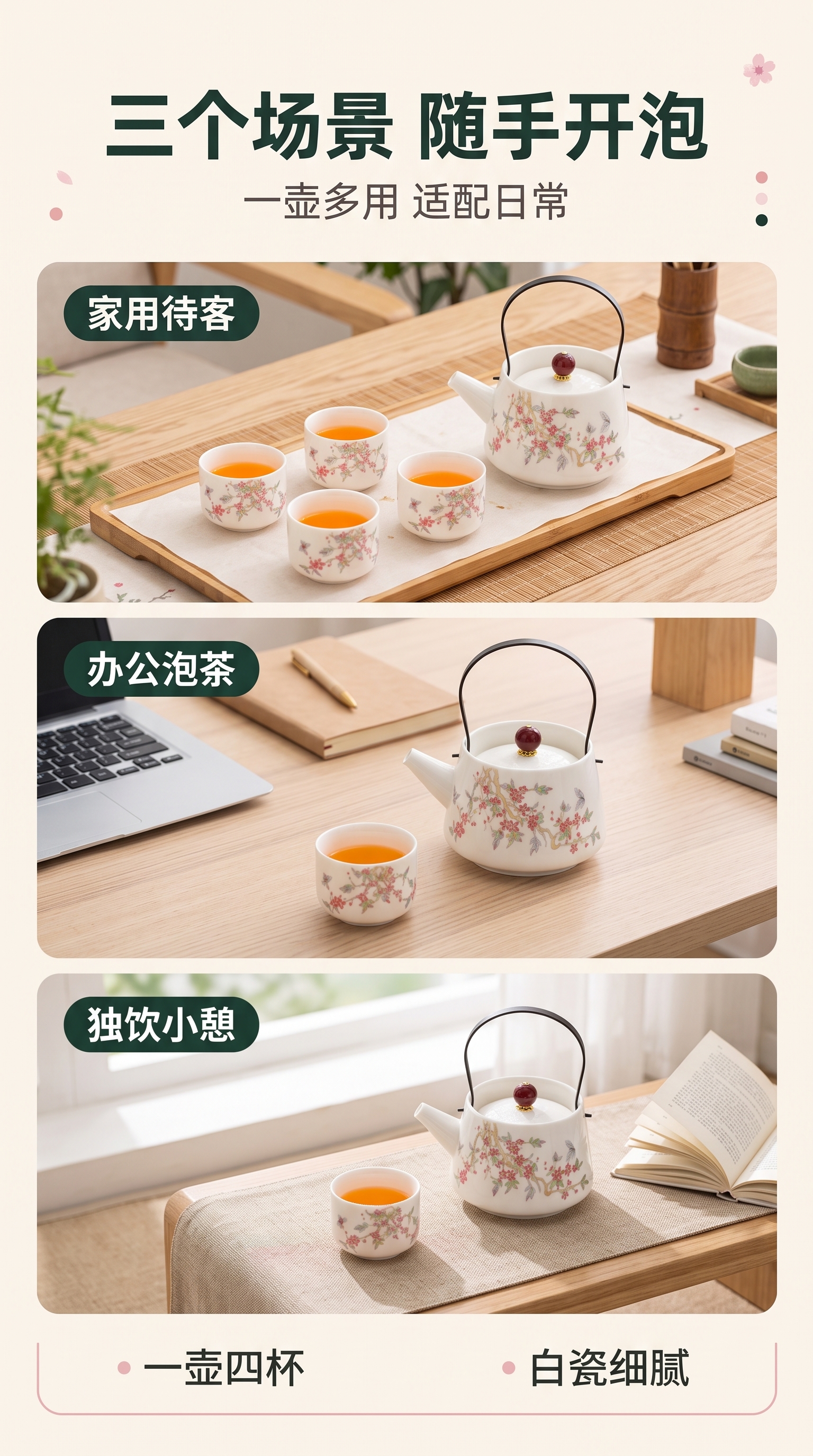 [商品] 使用【图1】繁花白瓷功夫茶具套装；三格中的茶壶与茶杯… - 图片创意预览