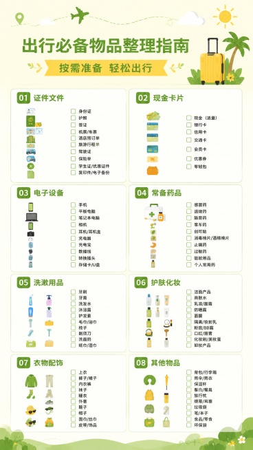 重新设计一张旅游出行行李清单海报，更换全新排版风格，保持整体为简约扁平化设计，风格简洁清爽，保留原有配色：浅绿色浅黄色背景，使用指定色值#64912e #ffd92c，保留所有文字信息：副标题「出行必预览效果