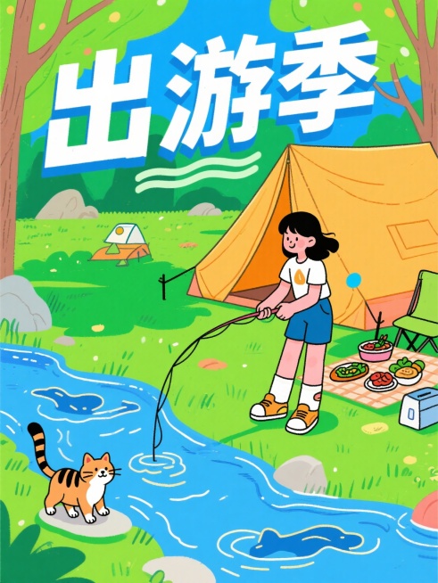 插画，韩国漫画，扁平风格，春天露营海报，运动风，户外露营帐篷，一个甜美女孩子在河边钓鱼，旁边有一些吃的。孟菲斯艺术风格，线条狸花猫在河里游玩，高饱和度颜色，粗线条的笔触，文字“出游季”预览效果