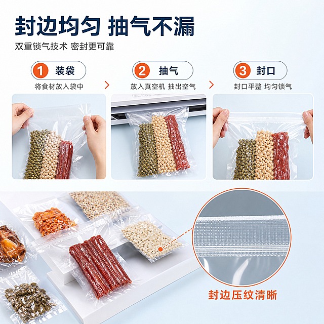 [主图-2] 聚酯光面真空袋 封边均匀与锁气不漏的核心亮点证明。唯一任务：证明抽气后封边均匀、袋子不返气不漏气。
统一基调：整套为清透洁净的商用食品包装调性；背景主色为洁净白至清透蓝绿浅渐变；标题字色为深墨蓝绿，辅助字色为中灰蓝，强调色为小面积鲜橙红；标题与说明文字统一使用同一款无衬线黑体，仅以字号和粗细分层级；信息组件统一为圆角胶囊标签、细白描边浅色半透明卡片与线性小图标，文字一律横排。
画面：上下分层结构，与主图 1 的左右分栏明显不同。上半部横向三步过程演示：第一步双手把杂粮与腊肠装入袋内，第二步真空机抽气后袋身紧贴食材呈紧绷状态，第三步平整笔直的封口线压实到位；下半部居中放置一个圆形 3 倍微距小窗，放大显示细密均匀的封边压纹线条；产品居中偏左，斜 45 度俯视，仅出现局部双手与部分手指，姿态自然、手指结构正常，接触点与受力方向清晰，保持商品外观、透明度与袋型与输入图一致。
光影质感：顶侧柔光箱照明，袋面产生连续高光，微距圈内纹理锐利可见，台面有柔和投影。
配色：沿用整套配色，鲜橙红只用于步骤编号与微距圈描边。
文字版式：左上角横排大标题"封边均匀 抽气不漏"，上部三枚圆角胶囊步骤标签"装袋""抽气""封口"，微距小窗下短词"封边压纹清晰"；统一无衬线黑体，主标题最大最粗，辅助文字缩小一半以上。
输出要求：1:1 正方形，中文清晰无错字，产品与封边细节真实；禁止变形、色差、多余手指、畸形手、模糊、杂乱、水印、平台 Logo。