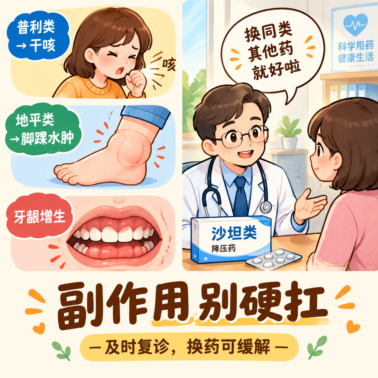 科普漫画风格，温馨可爱的手绘插画。画面左侧展示三种常见副作用的… - 图片创意预览