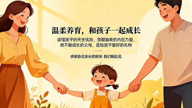 育儿沙龙PPT总结收尾页，风格统一，顶部标题'温柔养育，和孩子一起成长'，下方核心文案：'读懂孩子的天生优势，觉醒自我的内在力量，做不断成长的父母，是给孩子最好的礼物'，底部标注'感谢各位家长的到来 我们稍后见'，搭配温馨的亲子携手插画，整体氛围温暖治愈。