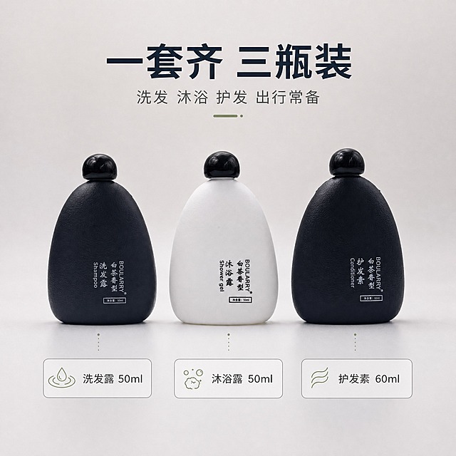 [主图-5] 套餐决策图：把三瓶与各自容量、功能一一对应排列，让用户一眼核对"到手一套有什么"；本张只做套装规格核对，不重复香气、材质与使用场景。
[统一基调] 浅米白到暖灰的干净渐变背景，现代高端洗护视觉；主标题用深墨蓝黑现代无衬线粗体，辅助文字用中灰同款无衬线小字，白茶青绿仅作图标、香气弧线或数据高亮的小面积点缀；统一使用细线圆角标签卡与简洁线条图标，整体留白充足，不出现厚重色块通栏和边框。
[画面] 三瓶产品保持原图外观、结构、颜色与标签文字，整齐横向排开成一行，间距均匀，完整入镜约占画面 60%；每瓶正下方放一枚细线圆角标签卡，分别写 "洗发露 50ml"、"沐浴露 50ml"、"护发素 60ml"，标签卡左侧配一枚简洁线条小图标（水花、泡沫、柔顺线条各一）；背景为浅米白到暖灰渐变，顶部留白给标题。
[光影质感] 柔光商业摄影质感，前上方主光，三瓶哑光过渡、高光与阴影方向一致，标签文字清晰，无变形、无色差。
[配色] 浅米白/暖灰渐变背景；主标题深墨蓝黑；辅助文字中灰；白茶青绿仅用于三枚小图标点缀。
[文字版式] 顶部主标题 "一套齐 三瓶装" 大字加粗，辅助副标题 "洗发 沐浴 护发 出行常备" 缩小约 50%；三张标签卡文字短小清晰，数字与单位醒目，全图不出现 "SKU" 字样，横排不压扁。
[输出要求] 1:1 方形构图，文字清晰无错字，产品不变形、无色差、无悬浮；负向：变形、错字、模糊、杂乱、水印、平台 Logo、SKU 字样。