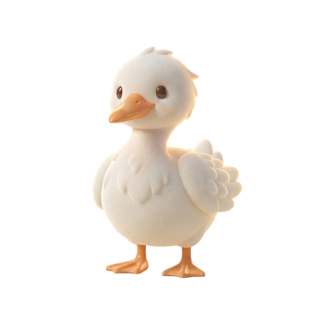 将这只飞行的C4D毛绒小鸭子改成站立的姿势，双脚平稳接触地面，保持原有的可爱造型和C4D毛绒质感