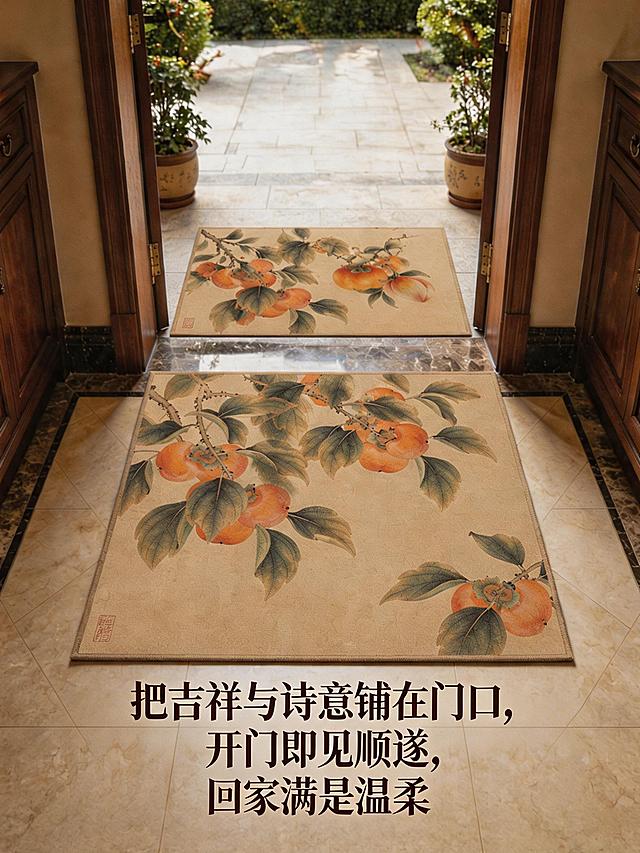 保持图片整体场景、两张柿子地垫图案、布局和光影不变，仅将底部原有文字替换为新文字："把吉祥与诗意铺在门口，开门即见顺遂，归家满是温柔"，保持字体大小合适醒目，风格协调自然，保持3:4比例和2K分辨率