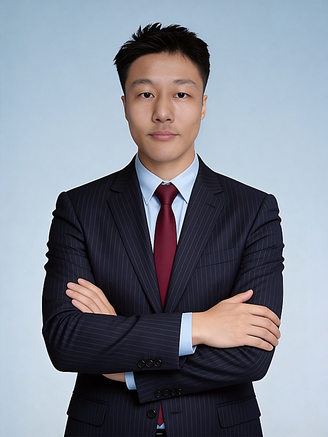 参考第一张图保留人物脸型､发型､年龄等特征生成职场形象照,参考第二张图人物占位和比例,标准焦段50mm,f/4光圈(f/2.8-f/4区间),平视视角(镜头与人物视线齐平);人物占画面70%,人物居中(居中构图),位于画面中心,为视觉聚焦点,入境范围头部及以下至臀部下方10cm(半身像);左右留少量背景空间;头部与画面顶部保留5%空间;头部发型完整,头肩比例协调;藏青色浅渐隐哑光极细密集竖条纹精纺羊毛西装套装,挺括修身;内搭浅蓝色纯棉正装衬衫,领口平整;酒红色领带,低饱和酒红,经典商务正装配置｡身体正面朝向镜头,双臂交叉抱于胸前,左臂在上右臂在下,身体直立挺拔,眼神沉稳直视镜头,表情严肃自信,展现专业严谨､可靠的金融精英气质;发丝整齐服帖,面部干净清爽,无明显妆容,肤色均匀细腻,呈现哑光质感;背景为浅灰蓝色纯色无其他干扰元素,背景轻微虚化;整体光线均匀柔和;画质为超高清精细质感(清晰呈现衬衫面料纹理与面部细节),中度锐化,画面纯净无噪点,严格按照原图内容生成｡主体锐利,背景光线均匀柔和,强化色彩对比的高级感｡32k画质超高分辨率､细节清晰,现代精致感风格;肤质精细化处理;眼神直视镜头,目光坚定且澄澈,表情自然｡面部光比1:1.5,4800k中性光,微微修饰脸型,肤质哑光细腻,面部雾面柔光,轻透裸肌感,真实毛孔纹理,32k画质,去除人物之外的所有元素｡