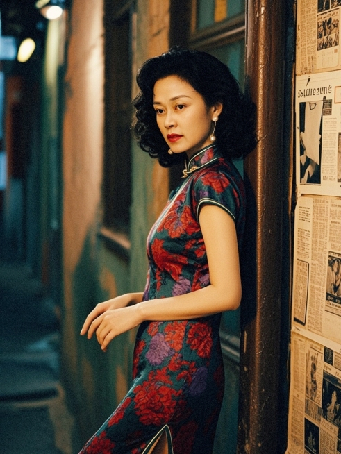高清8K复古港风民国写真，中年女性，慵懒优雅的复古气质
发型：黑色短款大波浪卷发（卷度饱满有光泽，民国港风造型）
妆容：港风复古妆（自然舒展眉形+哑光红唇，妆面精致利落，神态沉静带疏离感），佩戴小巧珍预览效果