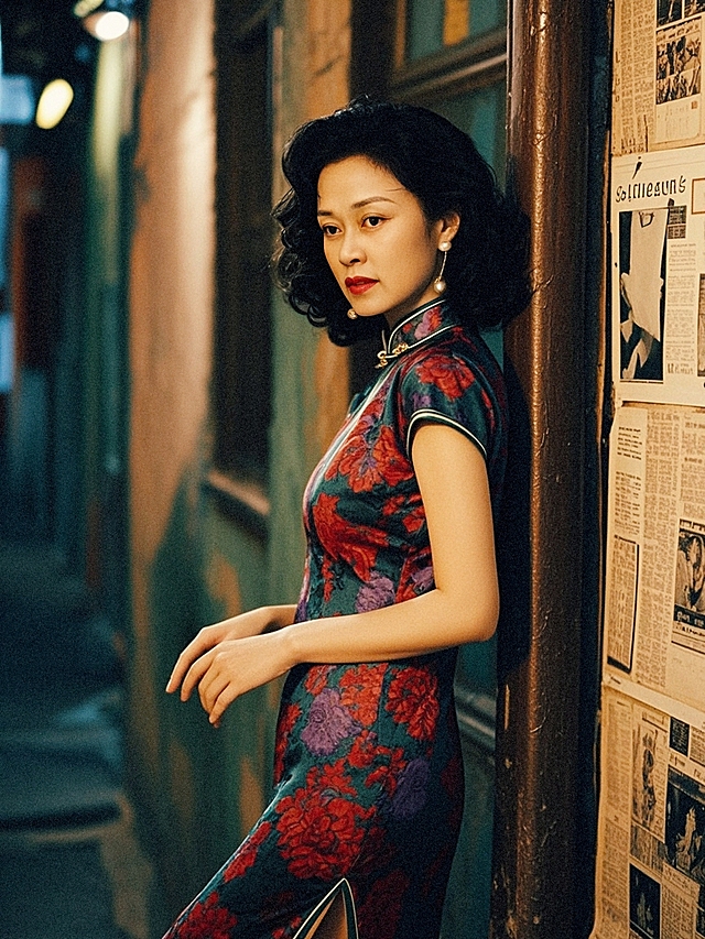 高清8K复古港风民国写真，中年女性，慵懒优雅的复古气质
发型：黑色短款大波浪卷发（卷度饱满有光泽，民国港风造型）
妆容：港风复古妆（自然舒展眉形+哑光红唇，妆面精致利落，神态沉静带疏离感），佩戴小巧珍珠耳钉
服饰：紫绿底色、红色花卉图案的丝绸修身旗袍（面料顺滑有光泽，领口/开叉处带细镶边），搭配棕色高跟皮鞋
身体姿态：侧身轻倚于贴满旧报纸的斑驳墙面上，身体重心向墙面倾斜，一侧肩膀轻贴墙面；一条腿自然弯曲，穿高跟鞋的脚尖轻抵墙面，另一条腿微微伸直支撑身体；一只手松弛垂落于身侧，肩颈舒展放松，头部轻转向镜头，姿态慵懒又带复古优雅的张力
场景：民国老巷弄背景，墙面贴满泛黄旧报纸（带有民国时期汉字排版），墙面有色彩剥落的肌理（橙、绿底色），光线是暖黄与冷绿交织的夜景光，营造怀旧迷离的复古氛围
风格：胶片颗粒质感，港风复古撞色色调，明暗对比的氛围感打光（突出旗袍丝绸光泽、报纸纹理、墙面斑驳肌理），民国怀旧氛围感