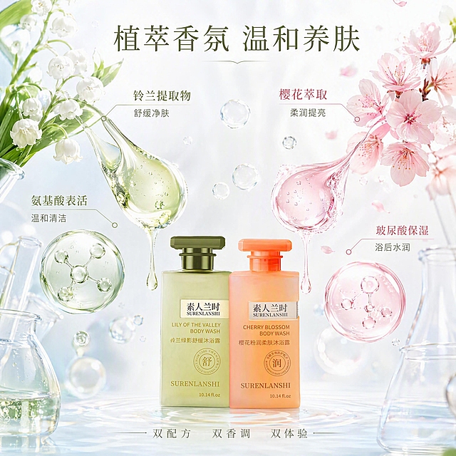 [主图-2] 核心成分解析-素人兰时沐浴露植萃成分环绕展示。
[氛围风格] 科研感+自然植萃风，通透水润亮调，高级实验质感；
[画质] 超写实渲染质感，成分元素精细，画面干净通透。
[元素] 画面底部中央放置两瓶沐浴露，铃兰绿瓶左、樱花粉瓶右，瓶身略缩小占画面约25%；保持产品外观与输入图一致。上方及四周悬浮核心成分元素：左侧大朵铃兰花+绿色植物萃取液滴+氨基酸分子球（直径约画面1/5），右侧大簇樱花+粉色精华液滴+透明质酸分子球（直径约画面1/5），中间穿插水滴、气泡、透明玻璃器皿局部；成分元素合计占主视觉50%以上。背景为极浅的米白到淡蓝渐变，有柔和的光斑和水波纹底纹。
[光影] 顶部柔光漫射，分子球与液滴有通透高光和折射色散效果，整体清透高级不暗沉。
[配色] 主色浅白透明感 #FDFCFB；辅色铃兰绿、樱花粉；点缀色浅蓝光效、透明金。
[视角构图] 上下结构，成分在上产品在下，阅读动线从上到下；景深较大，前后元素错落有层次。
[文字版式] 顶部居中主标题「植萃香氛 温和养肤」；左侧成分旁引线标注「铃兰提取物 舒缓净肤」「氨基酸表活 温和清洁」；右侧成分旁引线标注「樱花萃取 柔润提亮」「玻尿酸保湿 浴后水润」；底部产品旁小字「双配方 双香调 双体验」。字体纤细现代，成分名用稍大字，说明文字小号清晰。
[输出要求] 1:1 比例，文字清晰锐利，4K超高清质感。
[负向提示词] 变形，文字错乱，产品模糊，背景杂乱，水印，电商平台Logo。