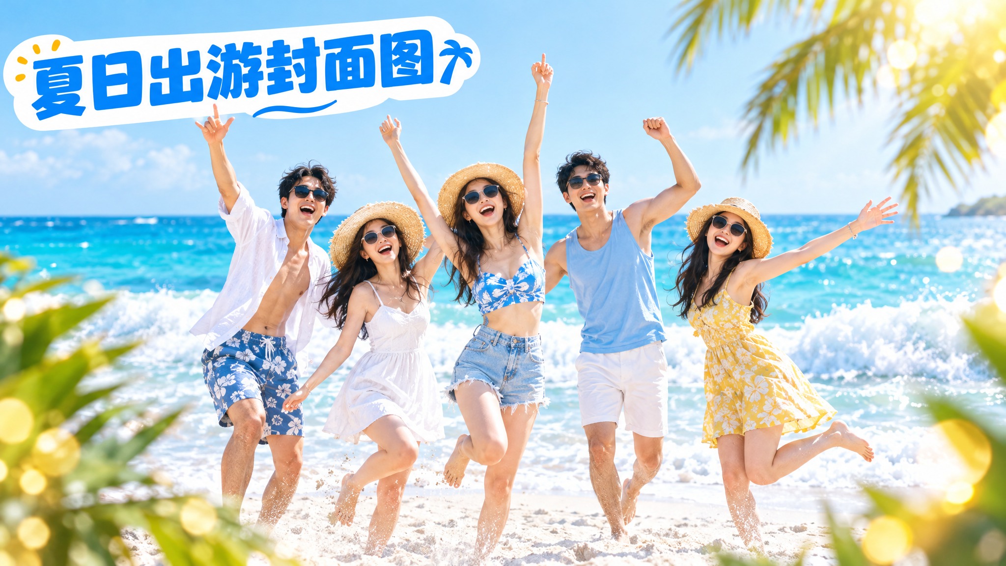 活力 ins 风格的夏日旅行封面图，浅蓝色背景，高饱和度色彩，… - 图片创意预览