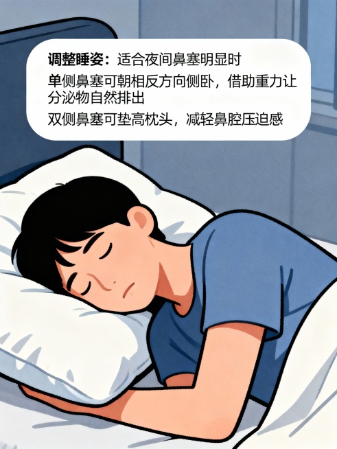 第四个方法是调整睡姿，适合夜间鼻塞明显时。
单侧鼻塞可朝相反方向侧卧，借助重力让分泌物自然排出；双侧鼻塞可垫高枕头，减轻鼻腔压迫感。学习链接图，保持风格一致，生成3：4的科普图预览效果