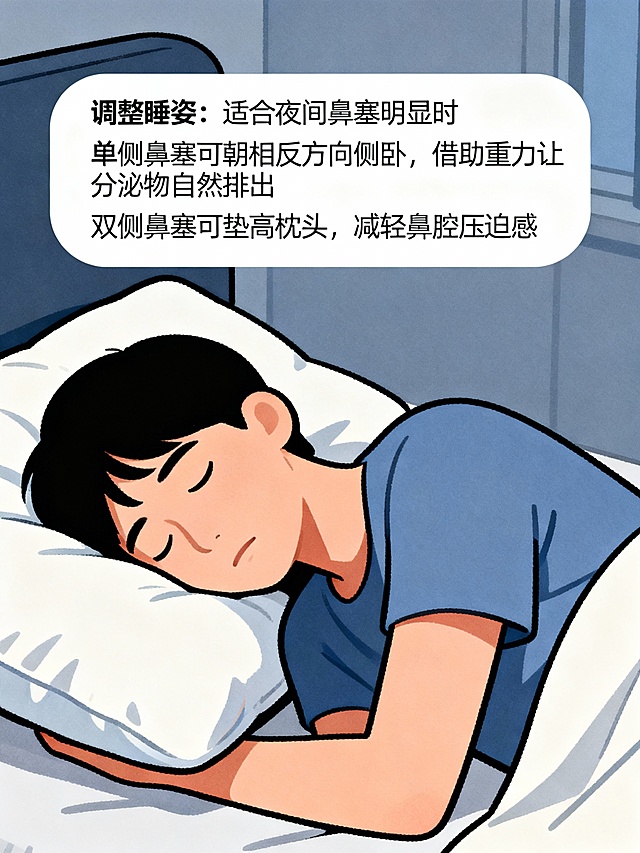第四个方法是调整睡姿，适合夜间鼻塞明显时。
单侧鼻塞可朝相反方向侧卧，借助重力让分泌物自然排出；双侧鼻塞可垫高枕头，减轻鼻腔压迫感。学习链接图，保持风格一致，生成3：4的科普图