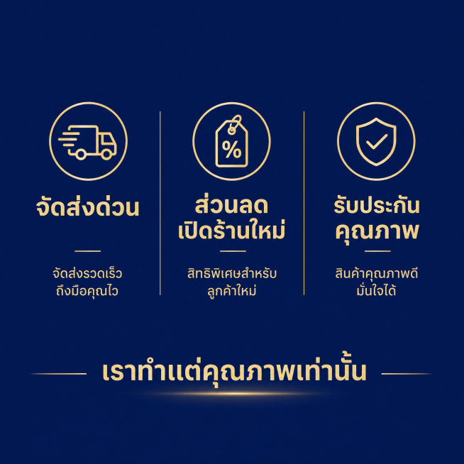 1:1正方形，纯深蓝色背景的售后信息图，展示泰文文字和图标："จัดส่งด่วน ส่วนลดเปิดร้านใหม่ รับประกันคุณภาพ"，底部加上泰文 "เราทำแต่คุณภาพ预览效果