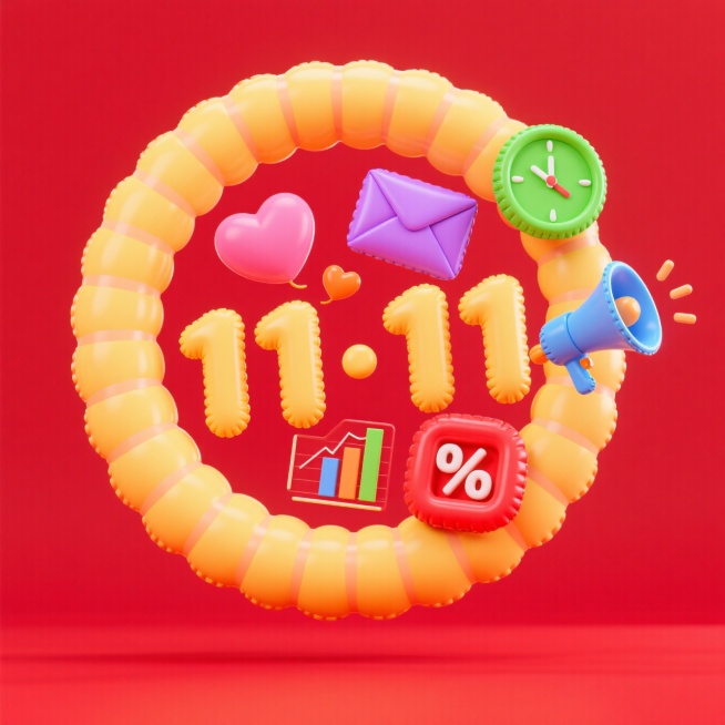 主体为一个促销感的黄色“11·11”造型，结合装饰元素：漂浮着喇叭、时钟、信封、爱心、数据图表、折扣标识等，前景干净，背景为红色预览效果