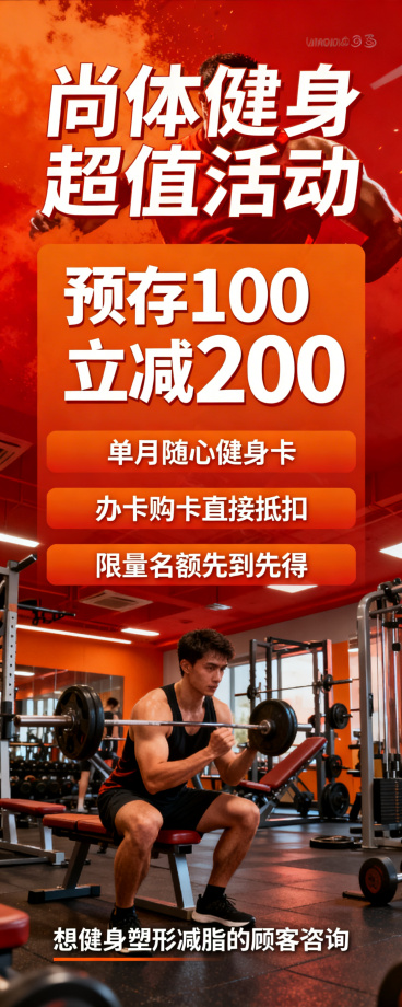 健身房促销活动易拉宝竖版海报，大标题尚体健身超值活动，用巨大字体突出预存100立减200活动信息，依次列出单月随心健身卡、办卡购卡直接抵扣、限量名额先到先得，结尾邀约想健身塑形减脂的顾客咨询，热血激情预览效果