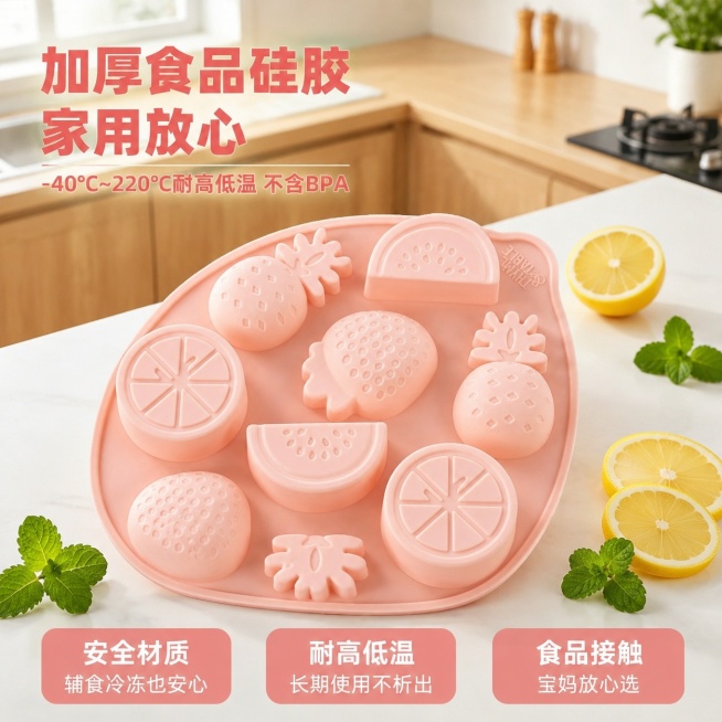[主图-1] 水果造型硅胶冰格材质安全首图。
[氛围风格] 明亮清新家居氛围，干净通透实用感；
[画质] 商业摄影质感，光线柔和通透，产品清晰真实，画面干净高级。
[元素] 粉色水果造型硅胶冰格放置在预览效果
