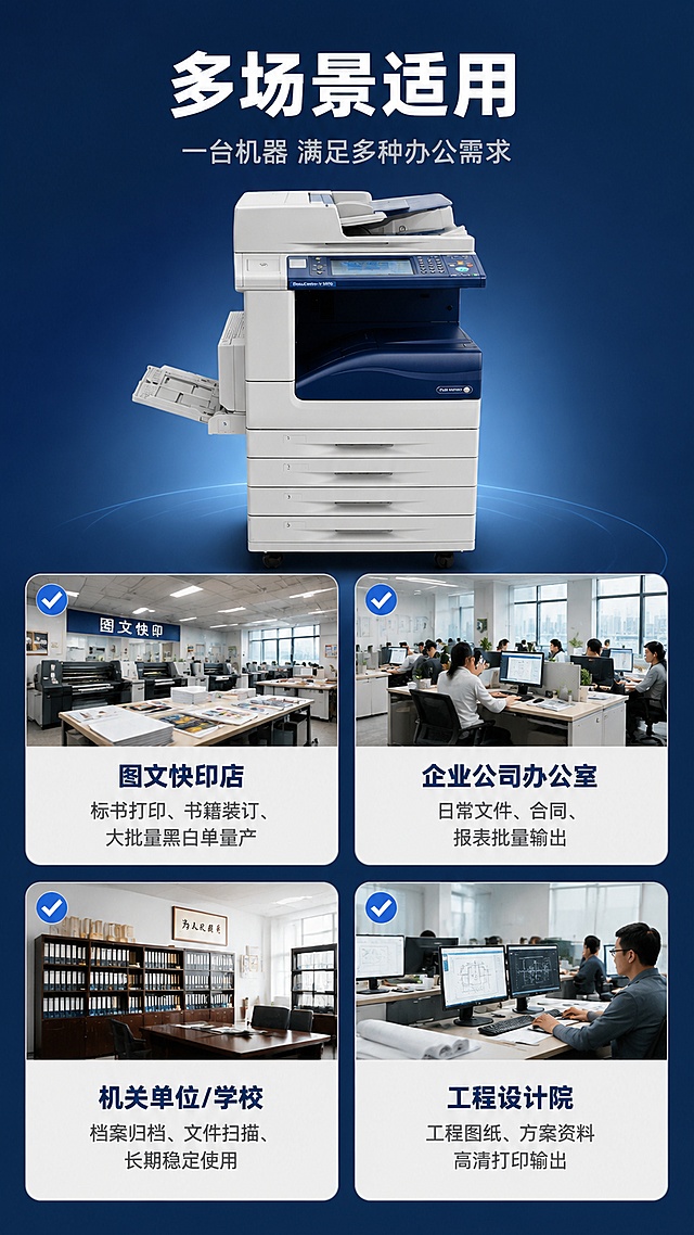 [第5屏] 详情页适用场景展示-施乐V5070四大适用场景。本屏使用【图1】作为中心产品图，保持外观一致。
[氛围/风格] 场景化展示风，四宫格场景拼图，真实办公环境氛围，专业商务感。
[元素布局] 画面中心偏上为复合机产品图，占比约30%；产品下方及四周分布四个场景卡片，呈田字格或放射状布局；每个场景卡片配真实场景缩略图+场景名称+适用说明；背景为深蓝色渐变，有轻微光晕效果。
[光影质感] 中心产品柔和侧光，场景卡片各自有真实场景光影，整体统一明亮。
[配色色系] 全局底色 #1E3A5F（深蓝）；场景卡片白色半透明底；标题白色；场景名称深蓝色；说明文字深灰。
[视角构图] 正面平视，中心产品为视觉焦点，阅读动线顶部标题 → 中心产品 → 四周四个场景卡片。
[文字版式] 顶部居中主标题「多场景适用」白色粗体大字，副标题「一台机器 满足多种办公需求」浅灰小字；中心产品周围四张场景卡片：卡片1「图文快印店」配图文店场景图，说明「标书打印、书籍装订、大批量黑白单量产」；卡片2「企业公司办公室」配办公室场景图，说明「日常文件、合同、报表批量输出」；卡片3「机关单位/学校」配单位场景图，说明「档案归档、文件扫描、长期稳定使用」；卡片4「工程设计院」配设计院场景图，说明「工程图纸、方案资料高清打印输出」。每张卡片左上角带✅图标，场景图占卡片上半部分，文字在下半部分。文字清晰可读。
[比例分辨率] 9:16 竖版比例，4K分辨率，文字清晰可辨，高清画质。
[负向提示词] 产品变形，结构错误，场景图模糊，颜色偏差，水印，文字错乱，文字过小。