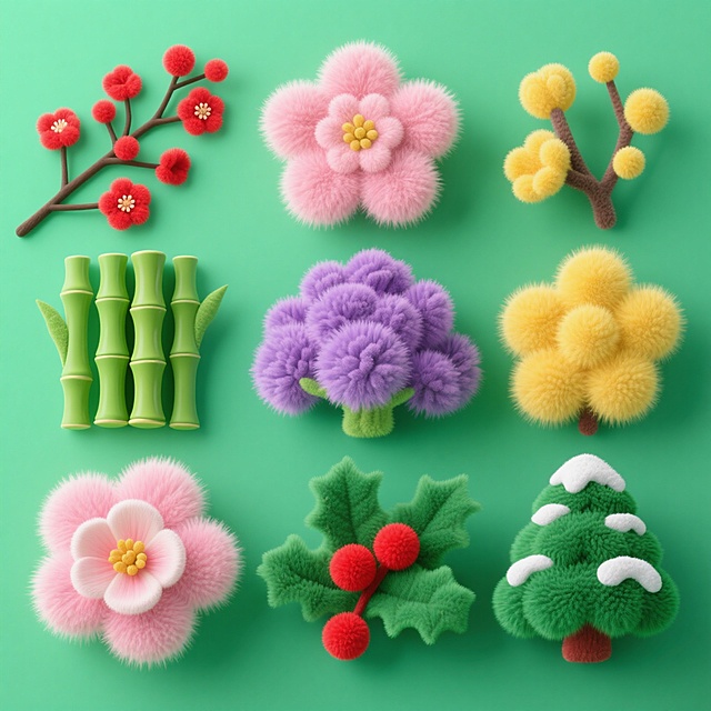 毛绒质感的软3D风格植物组合，融合卡通感与梦幻色彩，展现清新柔和的视觉体验，适合节日装饰设计。