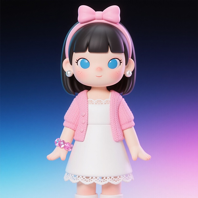 软3D风卡通女孩，可爱感十足，粉色蝴蝶结点缀，梦幻渐变背景。