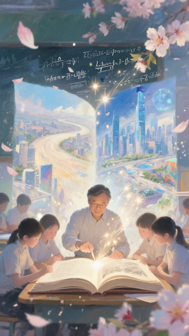 老师和学生们（大于两个）并肩而坐，共同阅读一本打开的巨大书籍。

老师在中间：书中涌出的景象有现代的高速发展和建设、无数种职业可能的未来、浩瀚的历史长河，空中飘散着老师书写的复杂的数学公式（代表知识的预览效果
