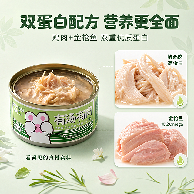 [主图-2] 法恩贝猫罐头核心配方卖点图 鸡肉金枪鱼双蛋白。
[氛围风格] 清新自然宠物食品风 专业营养感 真实食材展示 淘宝天猫品质感；
[画质] 商业摄影质感 光线柔和通透 产品清晰真实 画面干净高级 超高清细节；
[元素] 画面左侧摆放一罐完整的法恩贝猫罐头 正面朝向观众 保持产品外观（绿色包装 猫爪图案 有汤有肉字样）与输入产品图一致 杜绝任何变形和色差 商品主体占比约50%。右侧为两个圆角白色食材卡片 上下排列 上方卡片内是新鲜嫩滑的熟鸡胸肉特写 肉丝纹理清晰 下方卡片内是粉嫩的金枪鱼肉块特写 肉质细腻。两张卡片旁各有一个小水滴图标 象征汤汁和营养。卡片之间有细线条连接到罐头 表示原料来源。背景为浅薄荷绿色 带有细微的浅色叶片纹理装饰 纹理淡不抢主体。底部有少量散落的猫草叶和小花瓣点缀。
[光影] 正面均匀柔光 主光从左上方来 食材表面有自然光泽 罐头金属盖有柔和高光 整体明亮干净 阴影浅淡；
[配色] 主背景色系 浅薄荷绿带淡纹理；辅助色 白色 嫩绿；强调色 肉粉色；卡片图标色 白色圆角浅绿描边；标题色 深绿色；
[视角构图] 平视略微偏左视角 罐头在左 食材卡在右 形成左右平衡构图 景深中等 背景纹理柔和 画面满屏无边框；
[文字版式] 画面顶部居中主标题 圆润可爱粗体 深绿色 写"双蛋白配方 营养更全面" 字号最大。主标题下方一行小字 浅灰绿色 写"鸡肉+金枪鱼 双重优质蛋白"。右侧两张食材卡片右上角各有一个小标签 上方写"鲜鸡肉 高蛋白" 下方写"金枪鱼 富含Omega" 字体圆润 深绿色。罐头下方有一行小字 写"看得见的真材实料"。
[输出要求] 1:1比例 文字清晰锐利 超高清商业摄影质感；
[负向提示词] 变形 文字错乱 产品图模糊 背景杂乱 水印 电商平台Logo 多余的手 多余的手指 畸形手 融合手指 手部扭曲 肢体穿模 人物面部扭曲 关节反折。