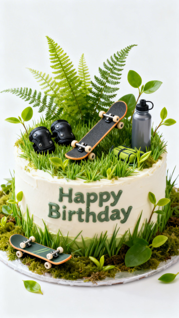 超写实风格生日蛋糕，表面装饰迷你滑板、护具、运动水壶等户外运动元素，覆盖嫩绿春草、翠绿蕨类、鲜绿芽叶，春日绿意盎然，蛋糕上有“Happy Birthday”字母，纯白色背景，蛋糕上下留充足空白，商业静预览效果