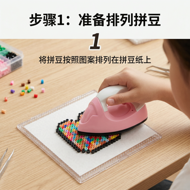 [详情页5] 使用步骤演示第一步
[氛围/风格] 步骤清晰，简单易懂，真实场景
[画面元素] 整齐排列好拼豆图案后，准备用熨斗熨烫，儿童手握着拼豆熨斗准备操作，保持产品外观不变，背景是手工桌面，干净整预览效果